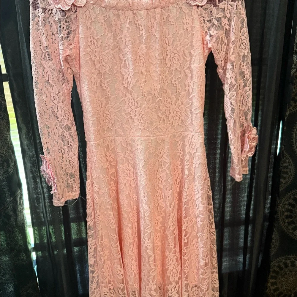 Elegant Pink Lace Dress with Floral Accents - Picture 2 of 4
